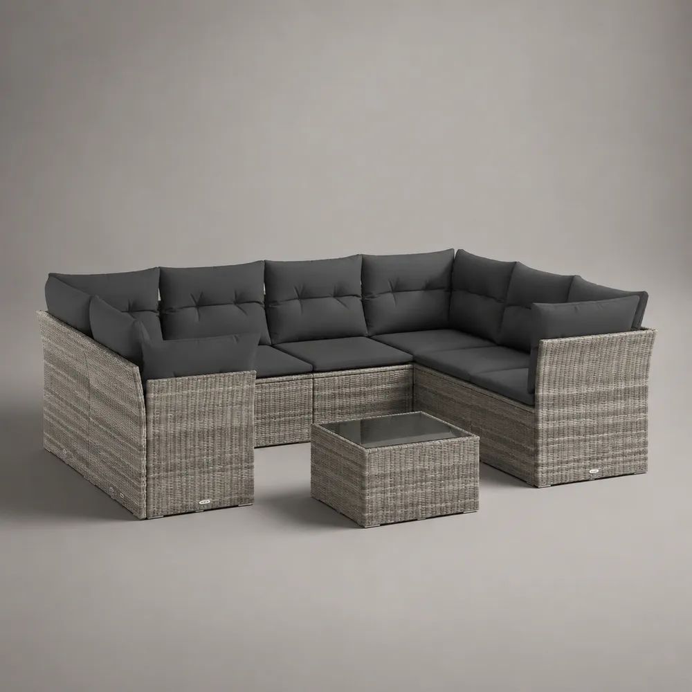 6-teiliges Gartenlounge-Set aus PE-Rattan und Stahl mit Auflagen und Tisch, U-förmig, Grau/Anthrazit, 260 x 190 x 72 cm