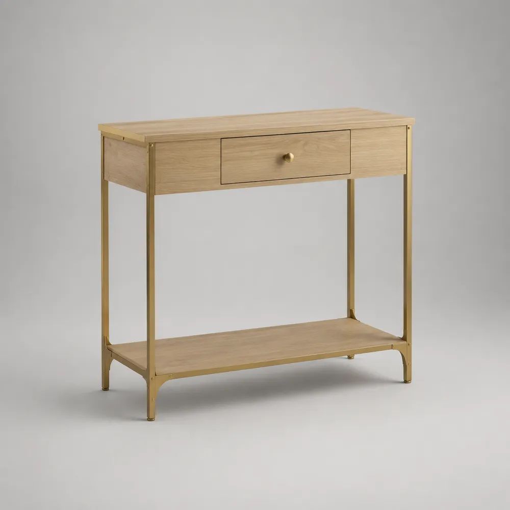 Konsolentisch mit Schublade und Ablage aus MDF mit Eichenfurnier und Stahl, Natur/Goldfarben, 80 × 30 × 80 cm