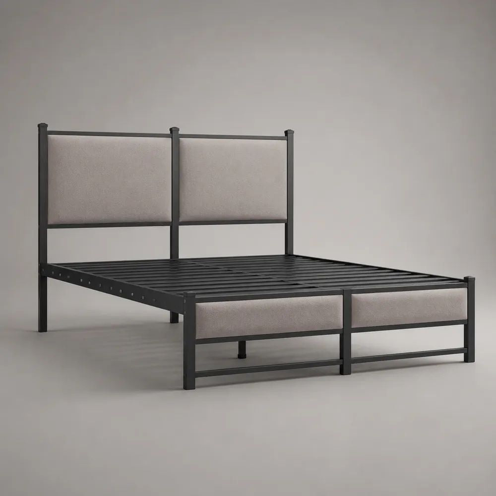 Doppelbett-Bettgestell aus pulverbeschichtetem Stahl mit Polyesterpolsterung, 140 × 200 cm, Schwarz/Grau