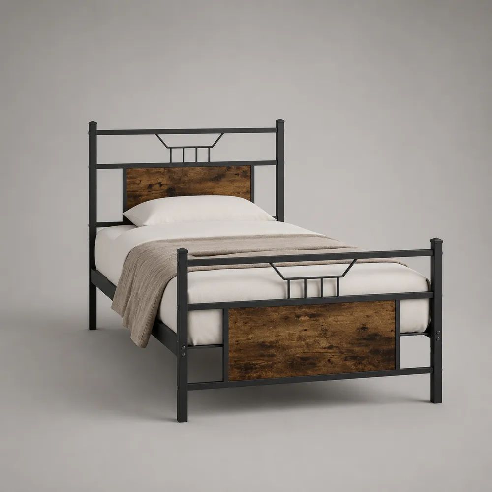 Metallbett Einzelbettgestell mit Kopf- und Fußteil aus Metall und MDF, 90 × 200 cm, Schwarz/Braun