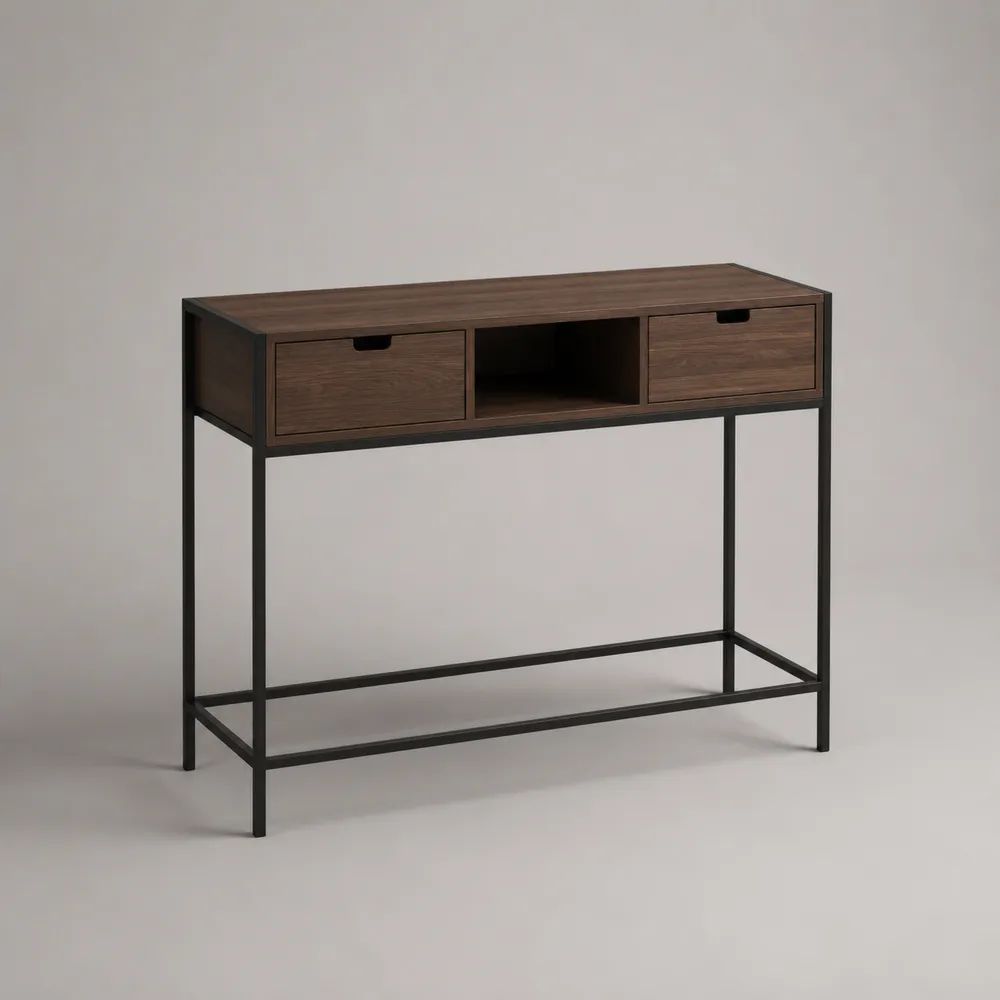 Konsolentisch mit 2 Schubladen und offenem Ablagefach, MDF mit Walnussfurnier und Stahlgestell, Dunkelbraun/Schwarz, 110 x 35 x 80 cm