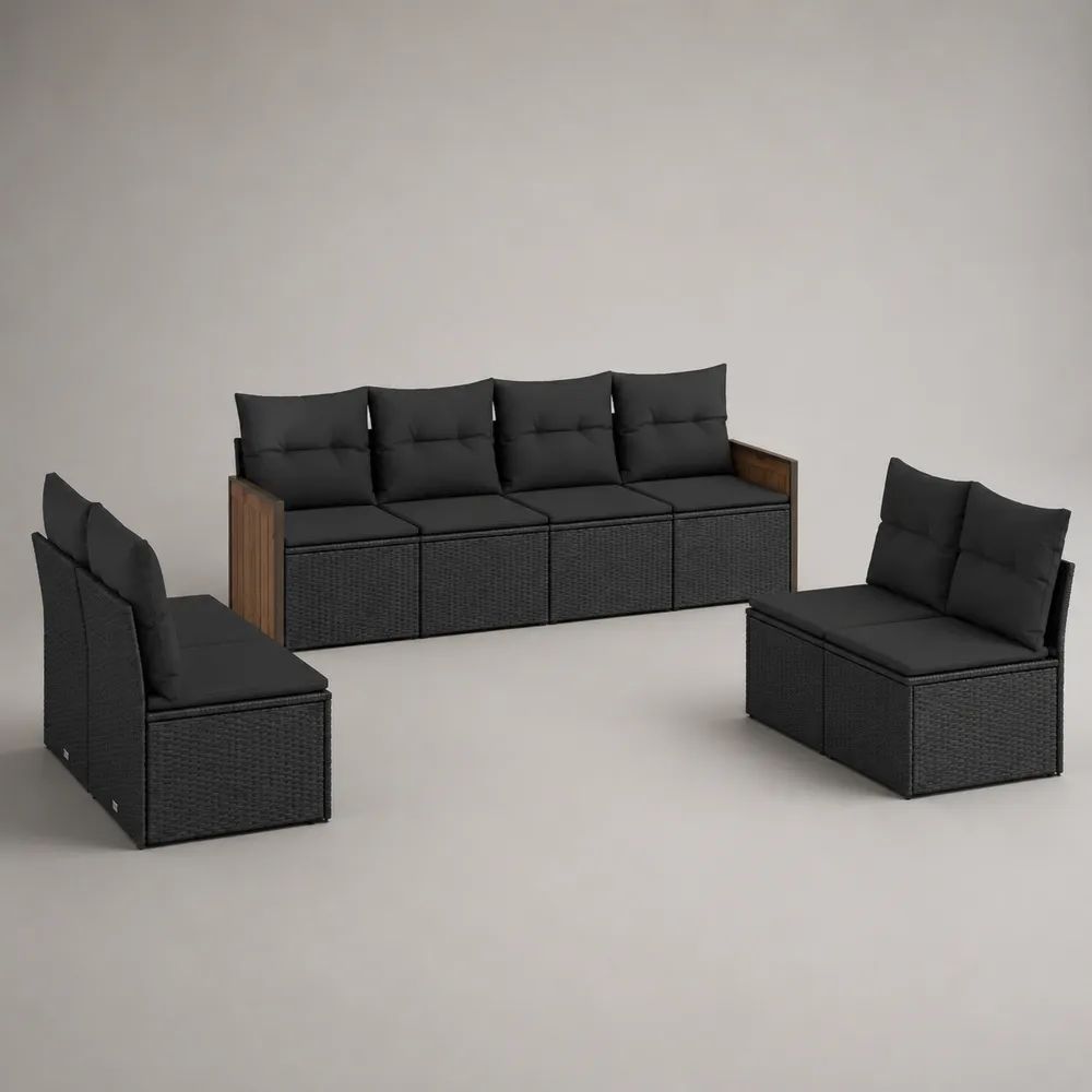 3-teiliges Outdoor-Gartenbank-Set für 8 Personen aus PE-Rattan, Stahl und Holz mit Polstern, Schwarz/Braun, Stellmaß 244 × 210 × 76 cm