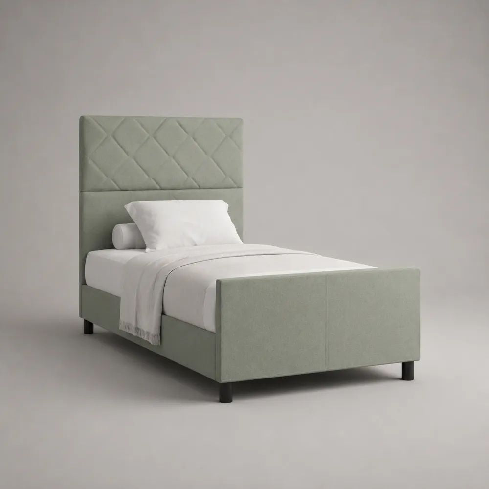 Einzelbett Polsterbett 90 × 200 cm, Gesamtmaß 216 × 102 × 120 cm, mit Lattenrost und gepolstertem Kopfteil, Salbeigrün