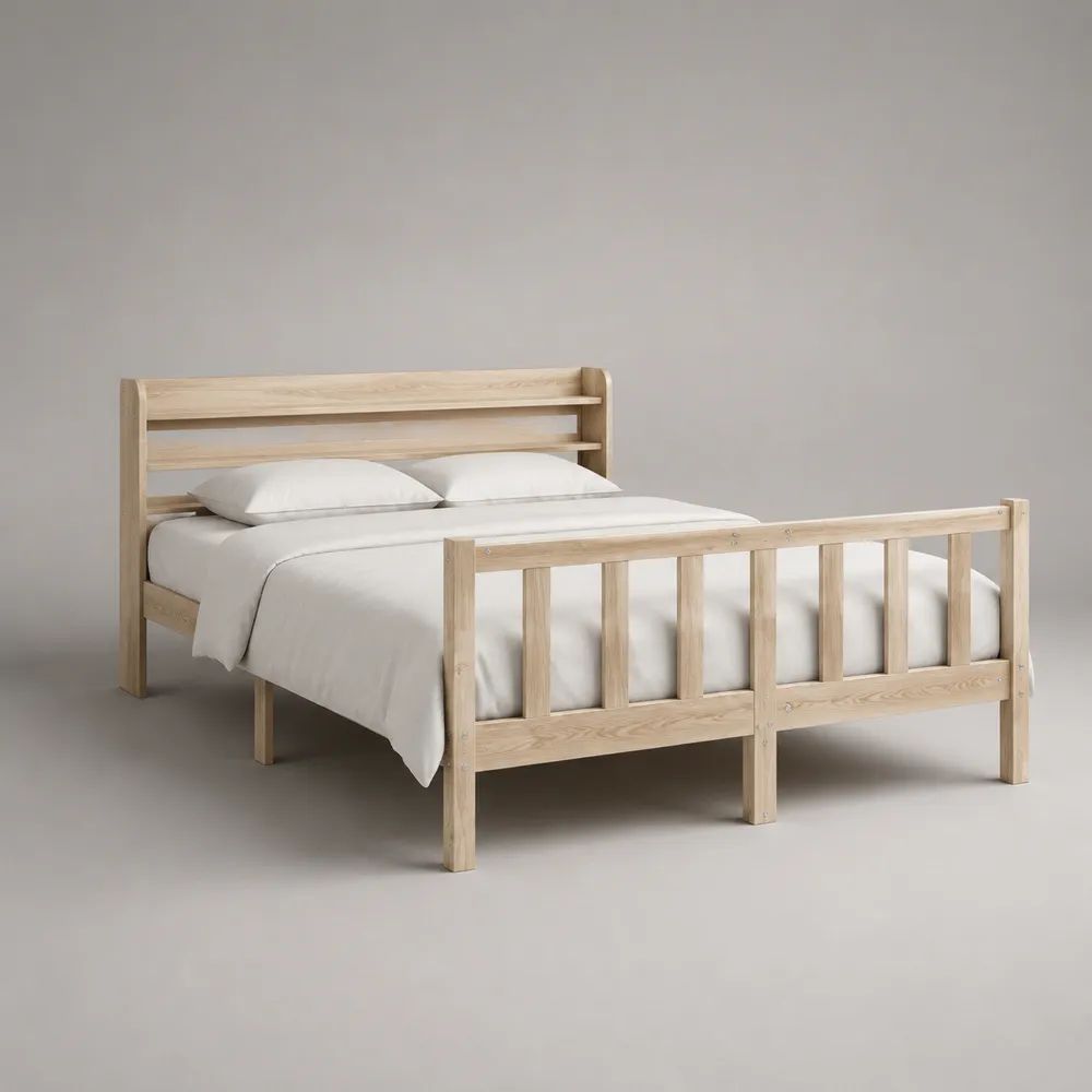 Doppelbett-Bettgestell aus Kiefer-Massivholz mit Ablagekopfteil, Natur, Liegefläche 160 × 200 cm, Gesamtmaß 210 × 170 × 110 cm