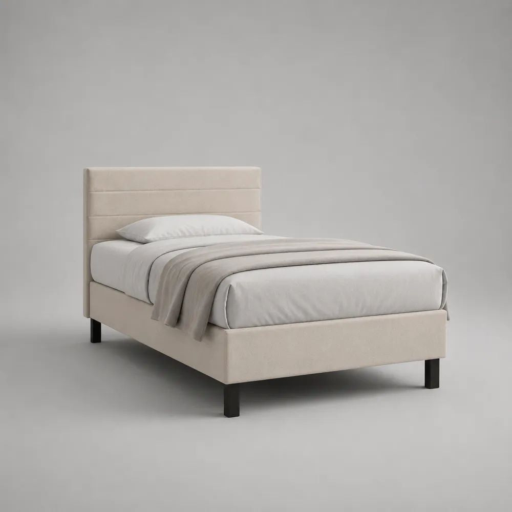 Polsterbett Einzelbett mit Lattenrost und Stoffbezug, Beige/Schwarz, Liegefläche 90 x 200 cm, Gesamtmaß 216 x 100 x 110 cm