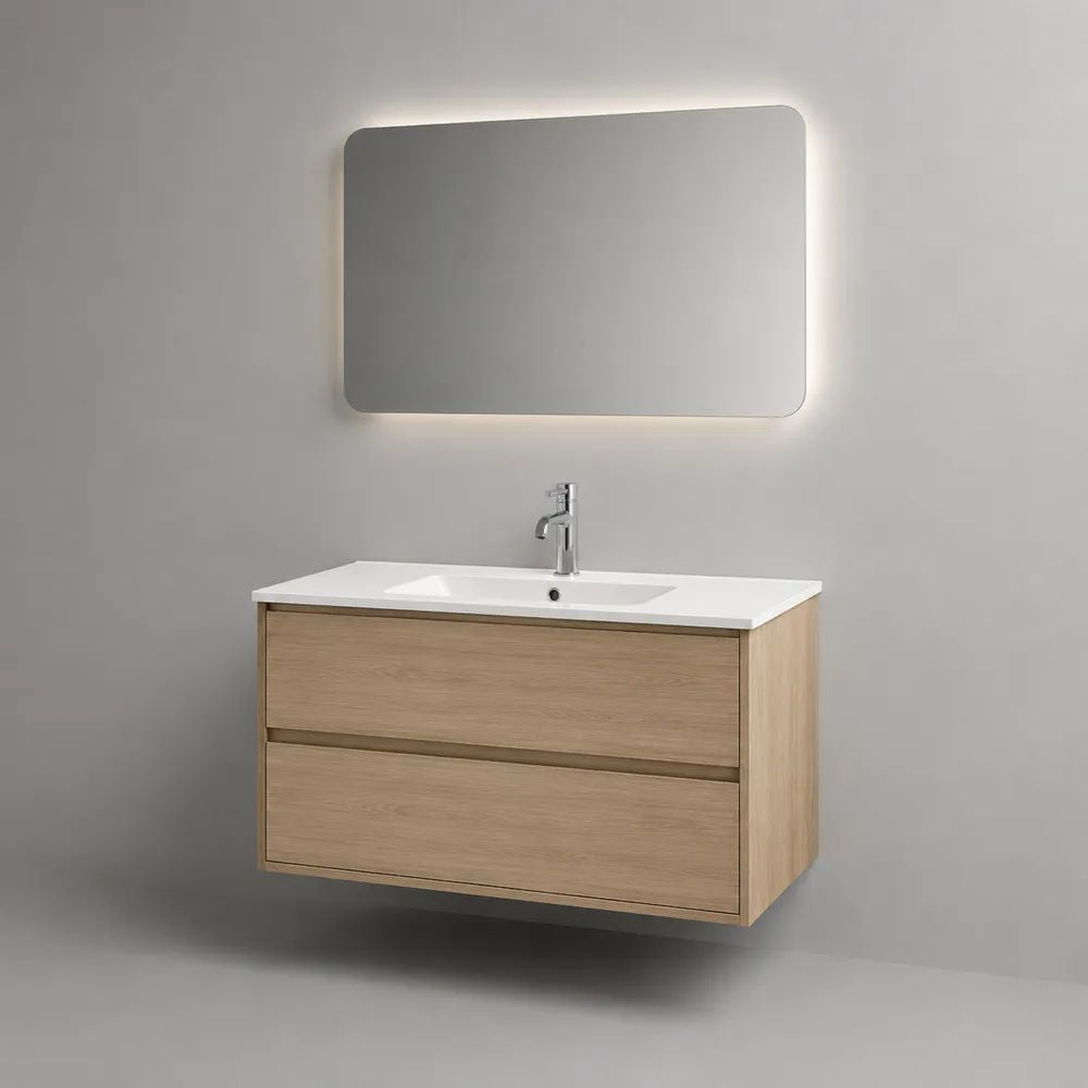 Badmöbel-Set mit LED-Spiegel 80 × 60 cm, MDF-Waschtischunterschrank mit Keramikwaschbecken 80 × 46 × 55 cm, Eichefarben/Weiß