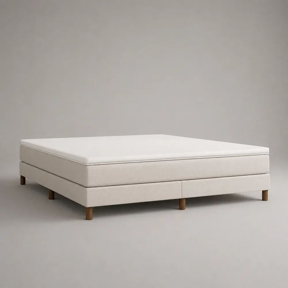 Boxspringbett 180 x 200 cm mit Taschenfederkernmatratze und Topper, Polyesterbezug Creme, Holzfüße Naturbraun, ohne Kopfteil