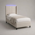 Beiges Polsterbett mit LED-Kopfteil aus Polyester und MDF, Liegefläche 90 x 200 cm, Gesamtmaß 212 x 102 x 140 cm