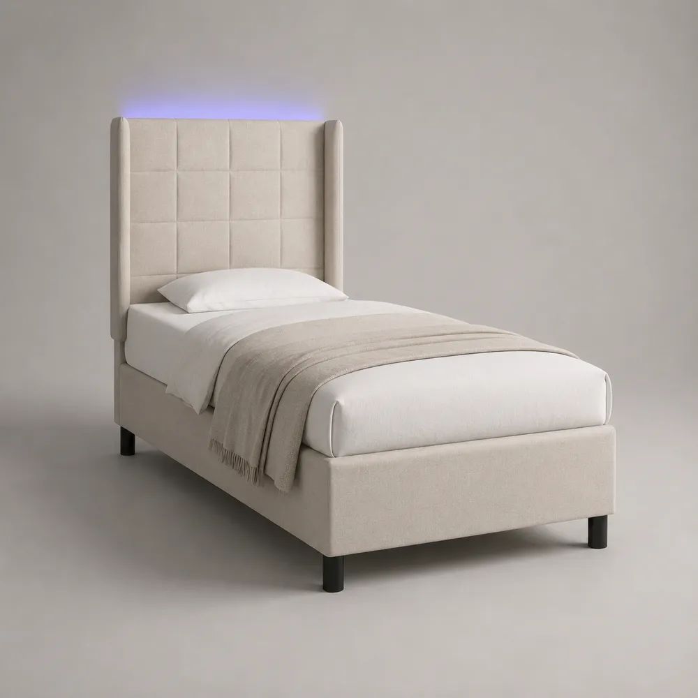 Beiges Polsterbett mit LED-Kopfteil aus Polyester und MDF, Liegefläche 90 x 200 cm, Gesamtmaß 212 x 102 x 140 cm