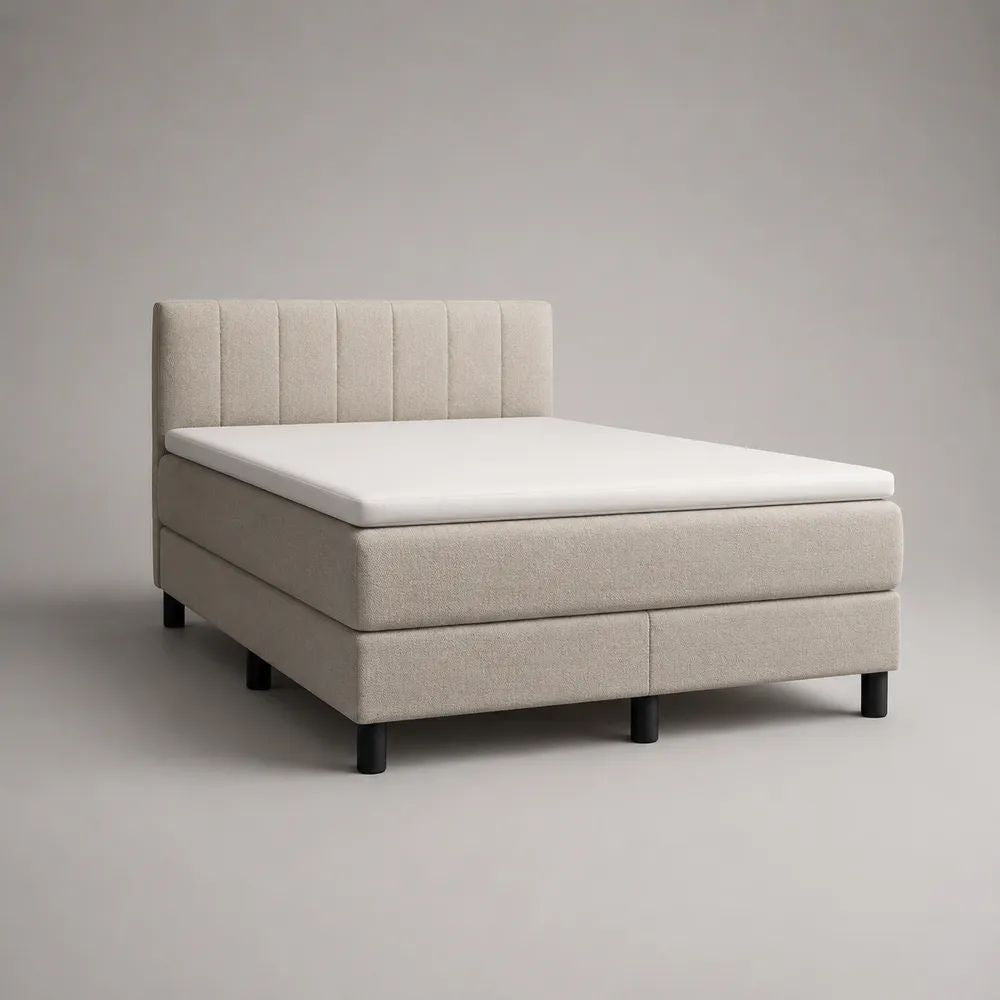 Boxspringbett 160 x 200 cm mit Taschenfederkernmatratze, Topper und Stoffbezug, Beige/Weiß/Schwarz