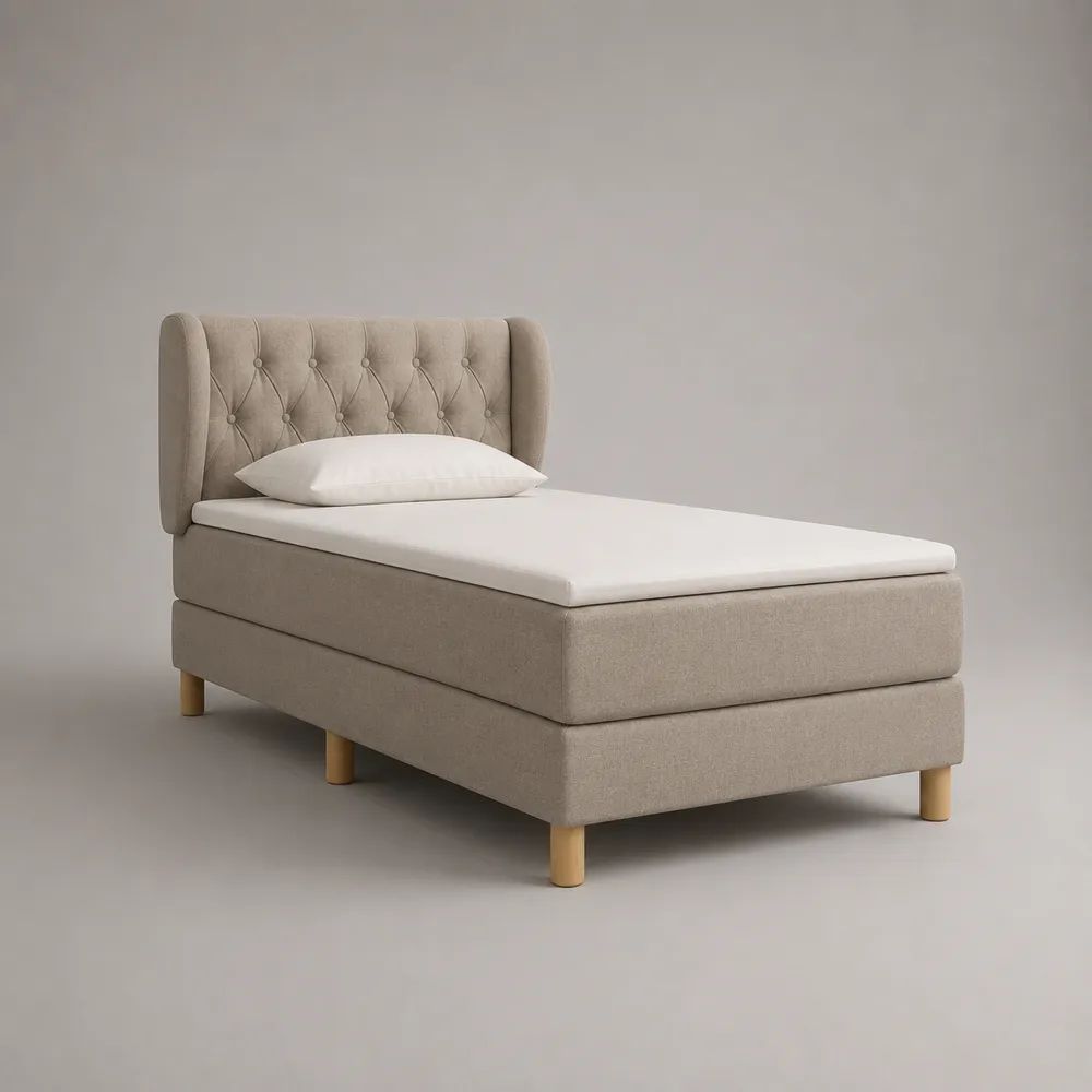 Boxspringbett 90 × 200 cm mit Federkernmatratze, Topper und gepolstertem Flügelkopfteil, Beige/Natur