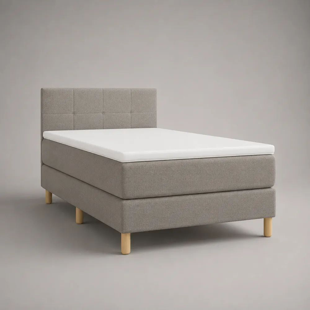 Boxspringbett-Komplettset 140 × 200 cm in Grau mit Matratze, Topper, gepolstertem Kopfteil und Massivholzfüßen