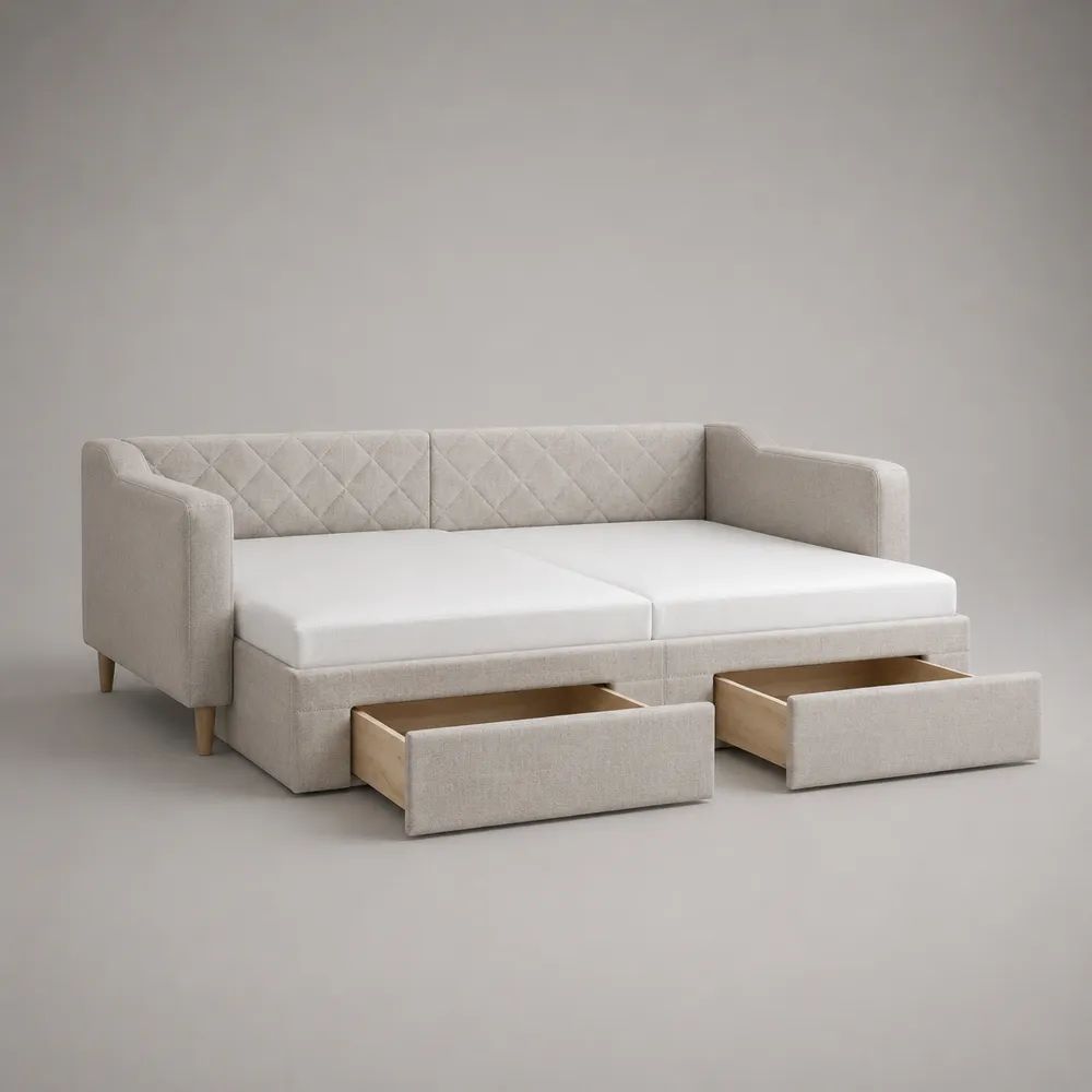 Gepolstertes Tagesbett 90 × 200 cm aus Massivkiefer und Polyester mit 2 Schubladen, Beige, 216 × 102 × 86 cm