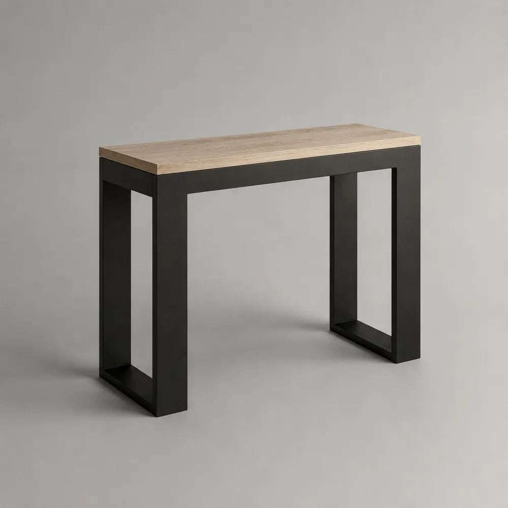 Konsolentisch aus MDF mit Eiche-Dekor und schwarzem Stahlgestell, rechteckiger Flurtisch, 100 × 35 × 80 cm