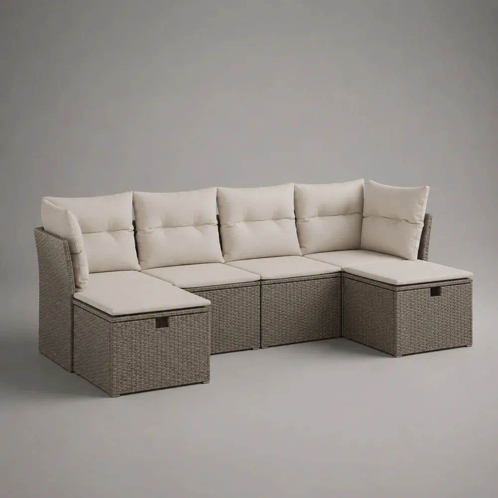 5-Sitzer Gartenlounge-Set mit Stauraum aus PE-Rattan und Stahl, Grau/Beige, 276 × 177 × 73 cm