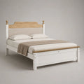 Doppelbett 160 x 200 cm aus massivem Kiefernholz mit gepolstertem Kopfteil, Weiß/Natur/Beige