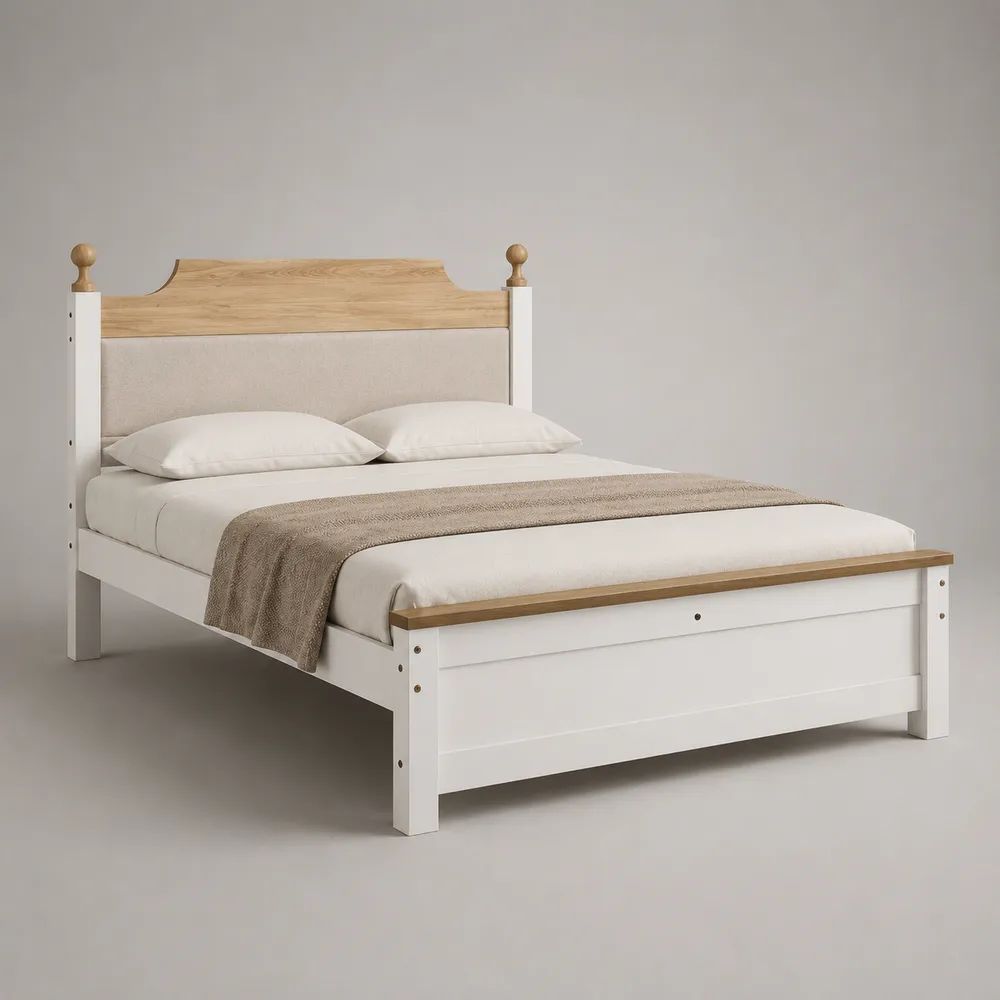 Doppelbett 160 x 200 cm aus massivem Kiefernholz mit gepolstertem Kopfteil, Weiß/Natur/Beige