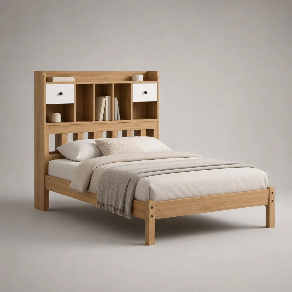 Stauraumbett 140 × 200 cm aus massivem Kiefernholz mit Regal-Kopfteil, 2 Schubladen, Natur/Weiß, 215 × 147 × 180 cm
