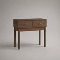 Rechteckiger Konsolentisch aus Holz und MDF mit 2 Schubladen, Walnussbraun/Messingfarben, 80 x 35 x 80 cm
