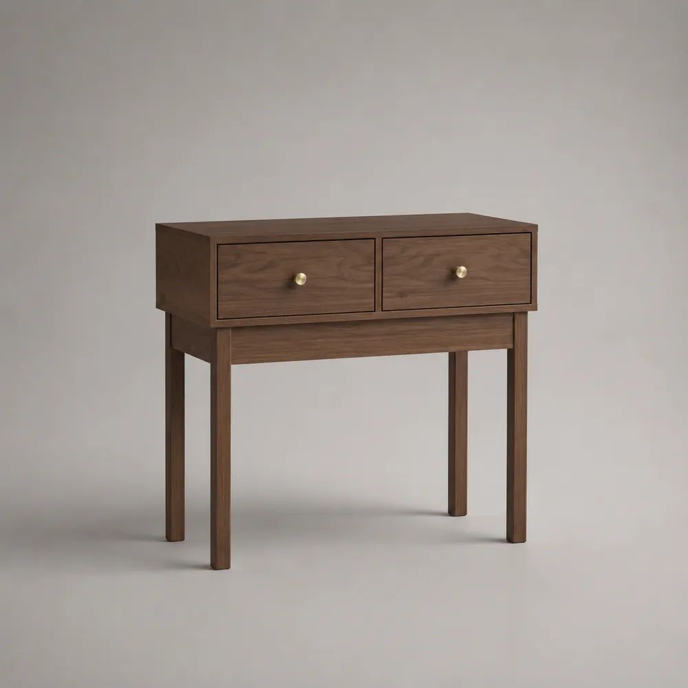 Rechteckiger Konsolentisch aus Holz und MDF mit 2 Schubladen, Walnussbraun/Messingfarben, 80 x 35 x 80 cm